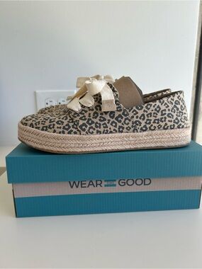 TOMS Leopard Espadrille Slip-On with Cream Ribbon Laces